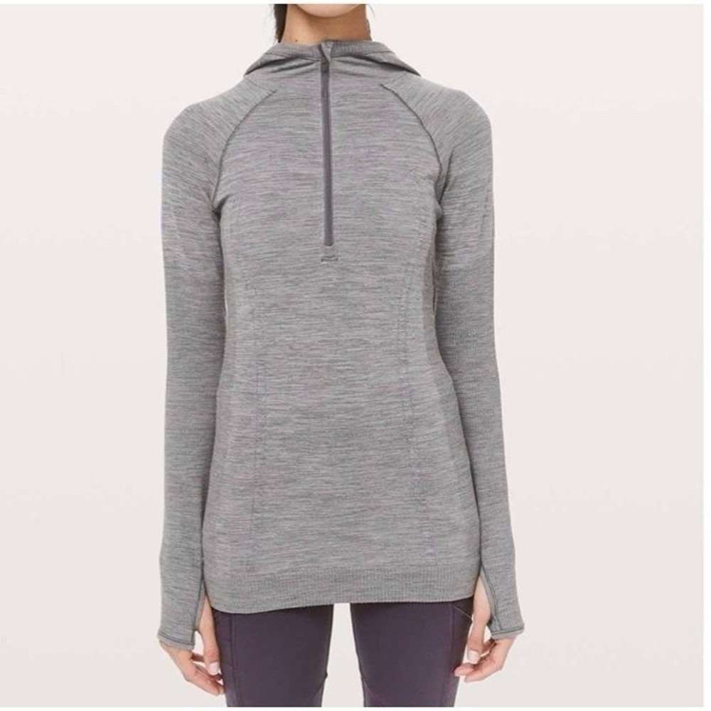 Lululemon‎ Swiftly Wool 1/2 Zip Womens Size 4 Gray Hooded Running Active Gym